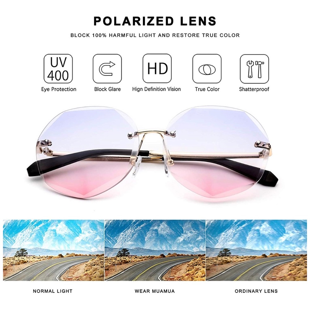 Oversized Rimless Round Fashion Sunglasses - Picture 2 of 8